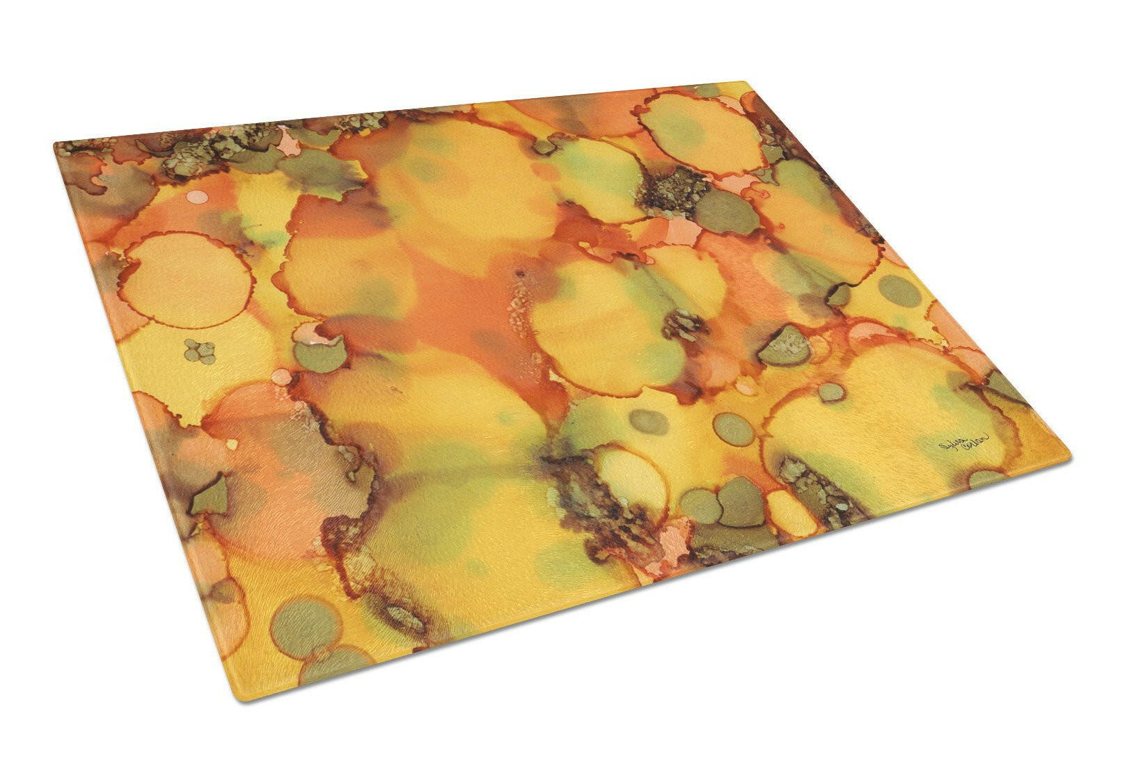 Abstract in Orange and Greens Cutting Board Tempered Glass Kitchen Cutting Surface, Heat Resistant Chopping, Non-Slip Feet, Food Prep & Serving