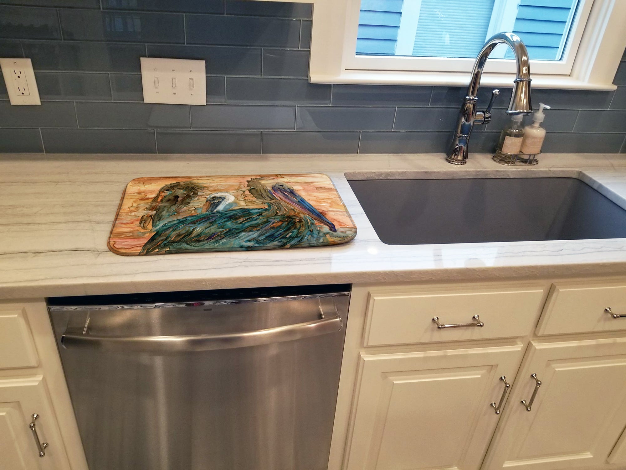 Abstract Pelicans Dish Drying Mat Absorbent Dish Drying Mat Pad for Kitchen Counter Dish Drainer Mat for Countertop, 14 x 21", Multicolor