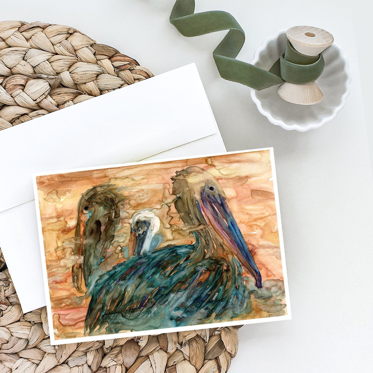 Abstract Pelicans Greeting Cards Pack of 8 Blank Cards with Envelopes Whimsical A7 Size 5x7