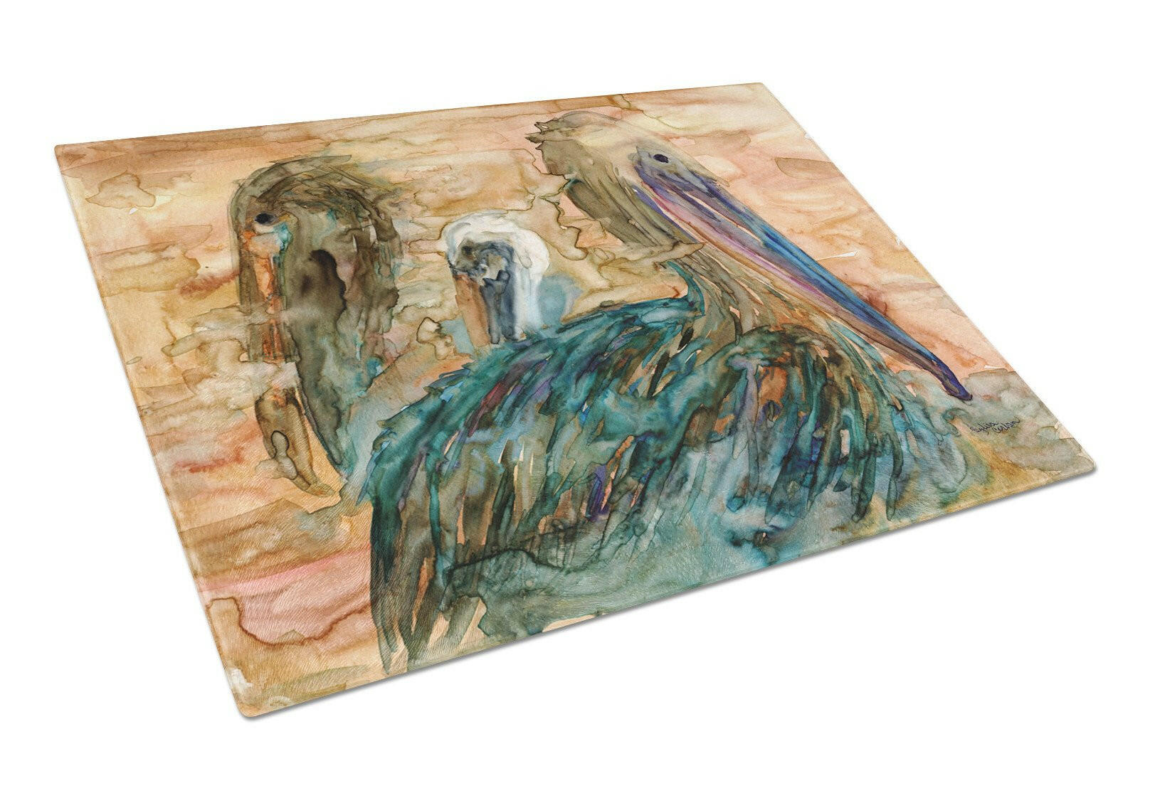 Abstract Pelicans Cutting Board Tempered Glass Kitchen Cutting Surface, Heat Resistant Chopping, Non-Slip Feet, Food Prep & Serving
