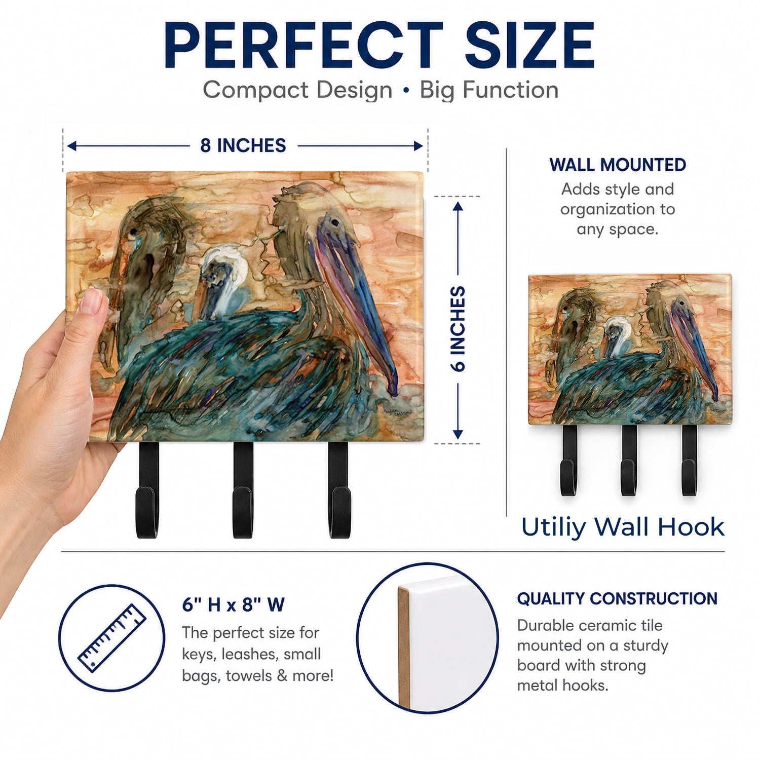Abstract Pelicans Leash or Key Holder Wall Hooks, Coat Rack Wall Mount, for Hanging Keys, Towels, Aprons, Leashes