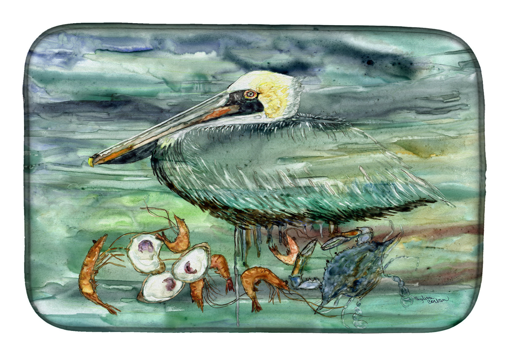 Watery Pelican, Shrimp, Crab and Oysters Dish Drying Mat Absorbent Dish Drying Mat Pad for Kitchen Counter Dish Drainer Mat for Countertop, 14 x 21", Multicolor