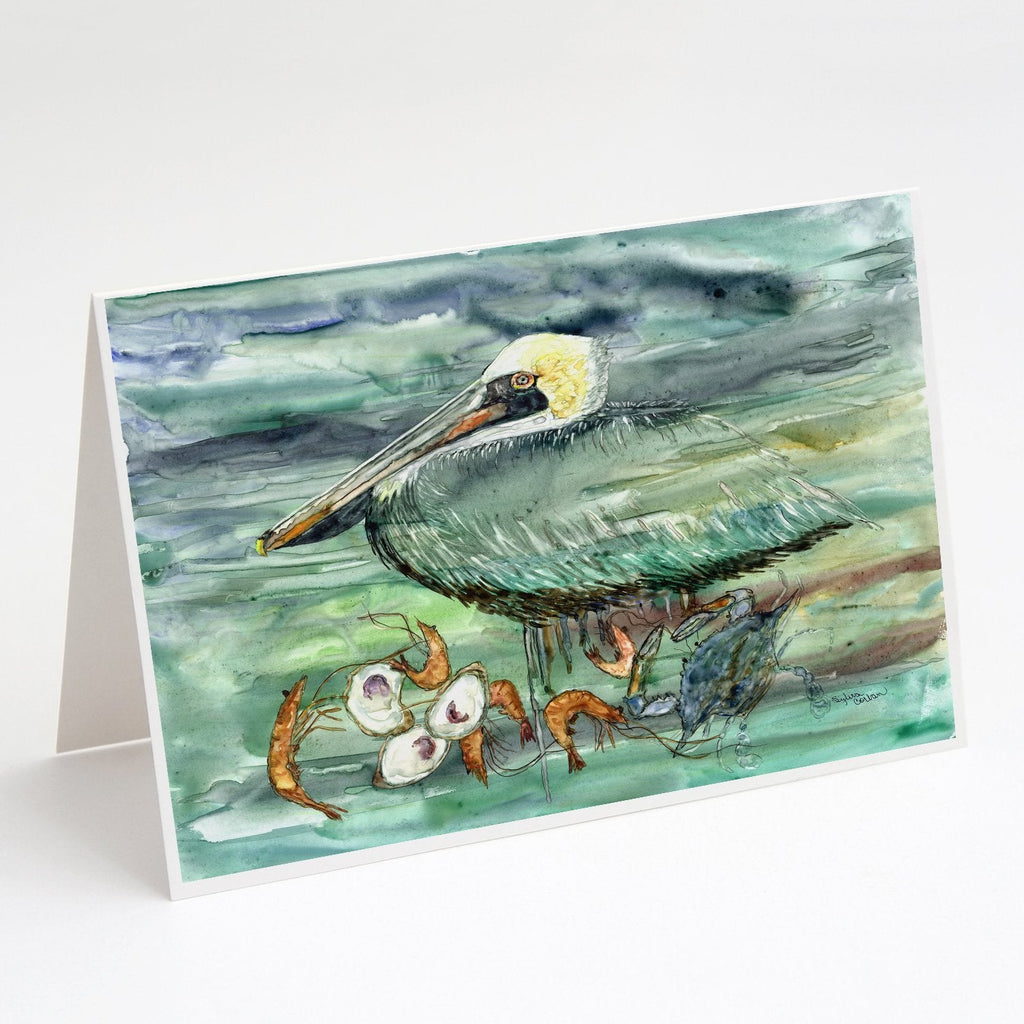 Watery Pelican, Shrimp, Crab and Oysters Greeting Cards Pack of 8 Blank Cards with Envelopes Whimsical A7 Size 5x7