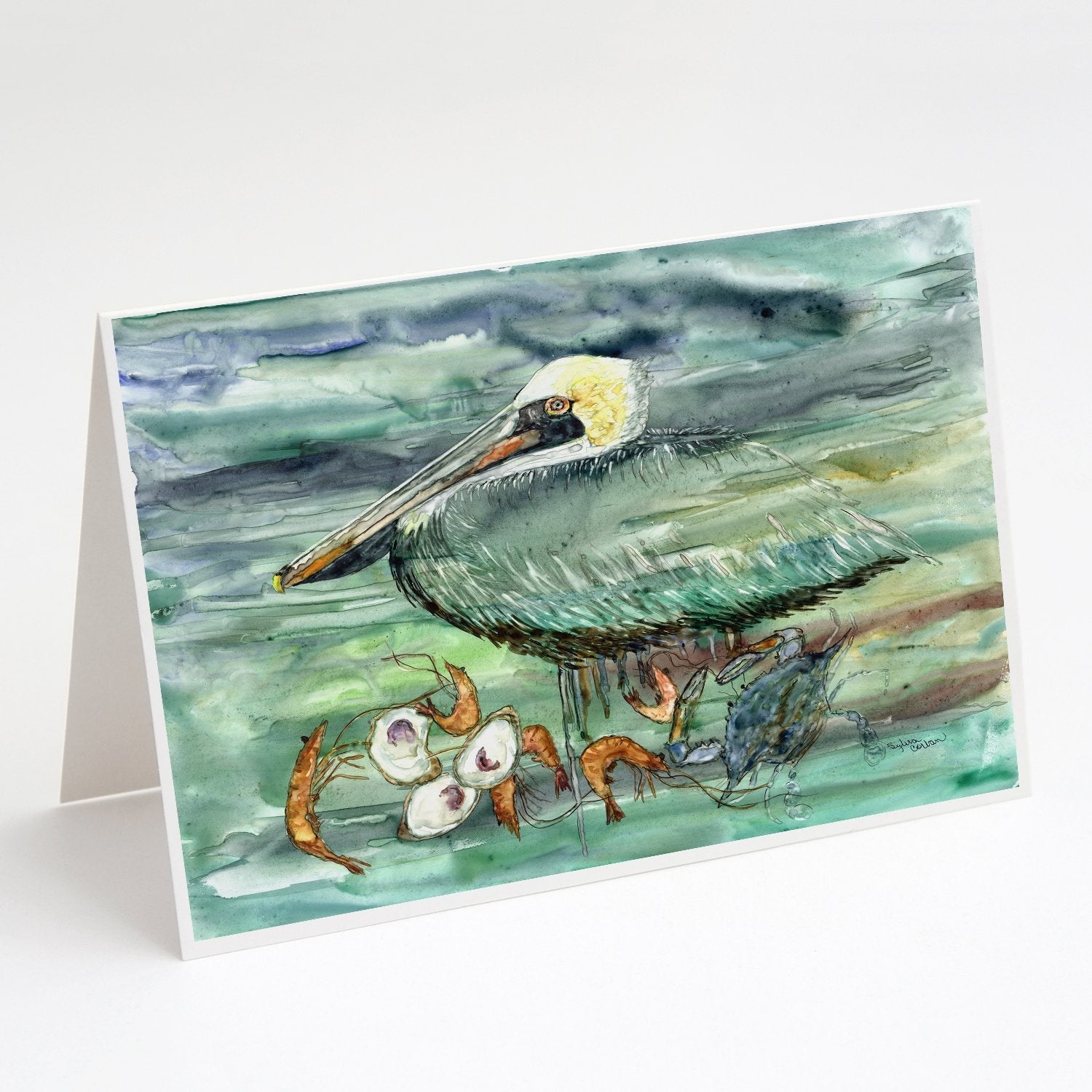 Watery Pelican, Shrimp, Crab and Oysters Greeting Cards Pack of 8 Blank Cards with Envelopes Whimsical A7 Size 5x7