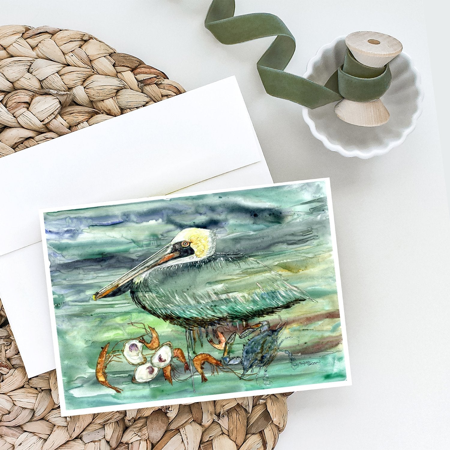 Watery Pelican, Shrimp, Crab and Oysters Greeting Cards Pack of 8 Blank Cards with Envelopes Whimsical A7 Size 5x7