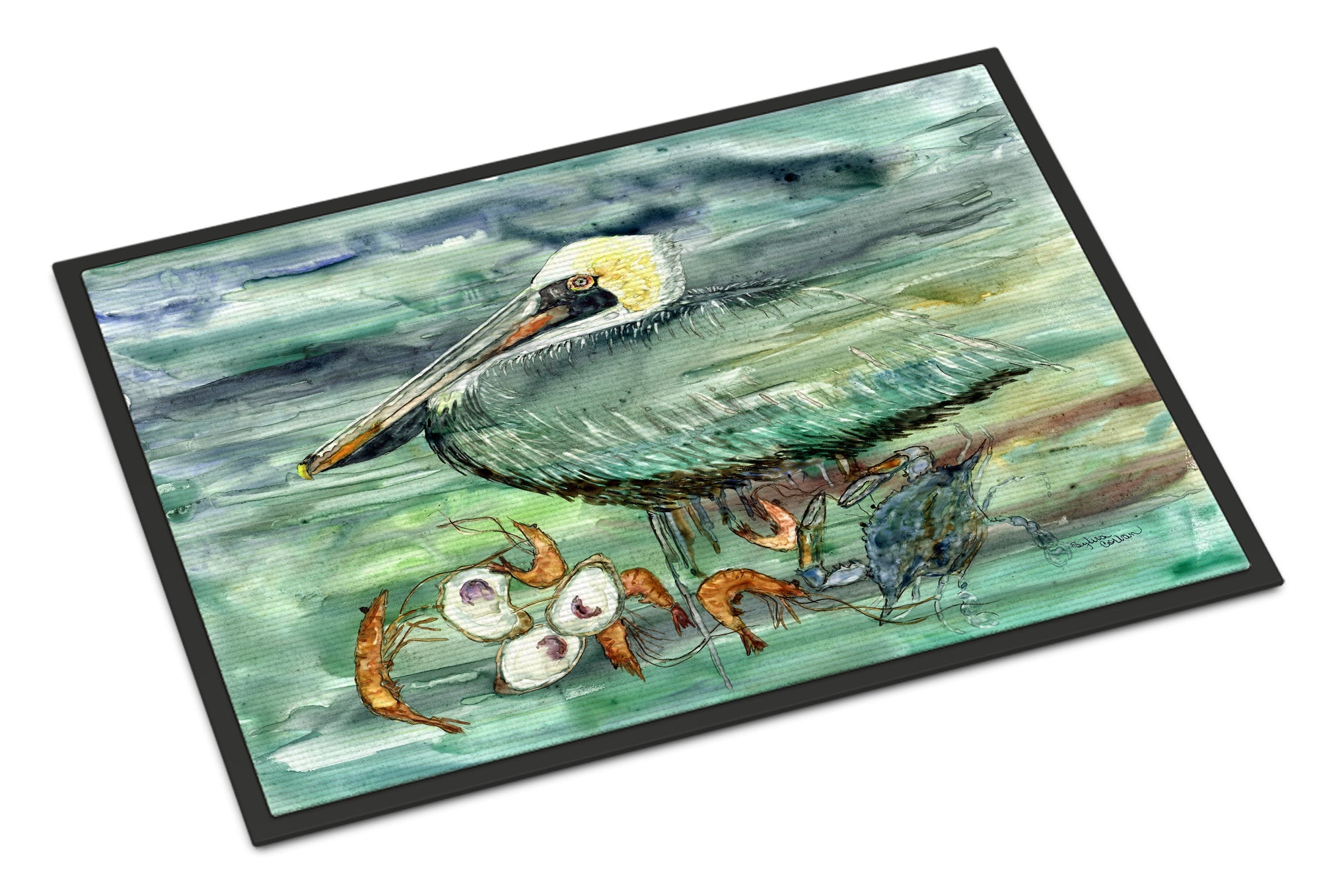 Watery Pelican, Shrimp, Crab and Oysters Doormat Indoor Outdoor 24H X 36W Front Door Mat Rugs for Entryway, Non Slip Washable Low Pile,