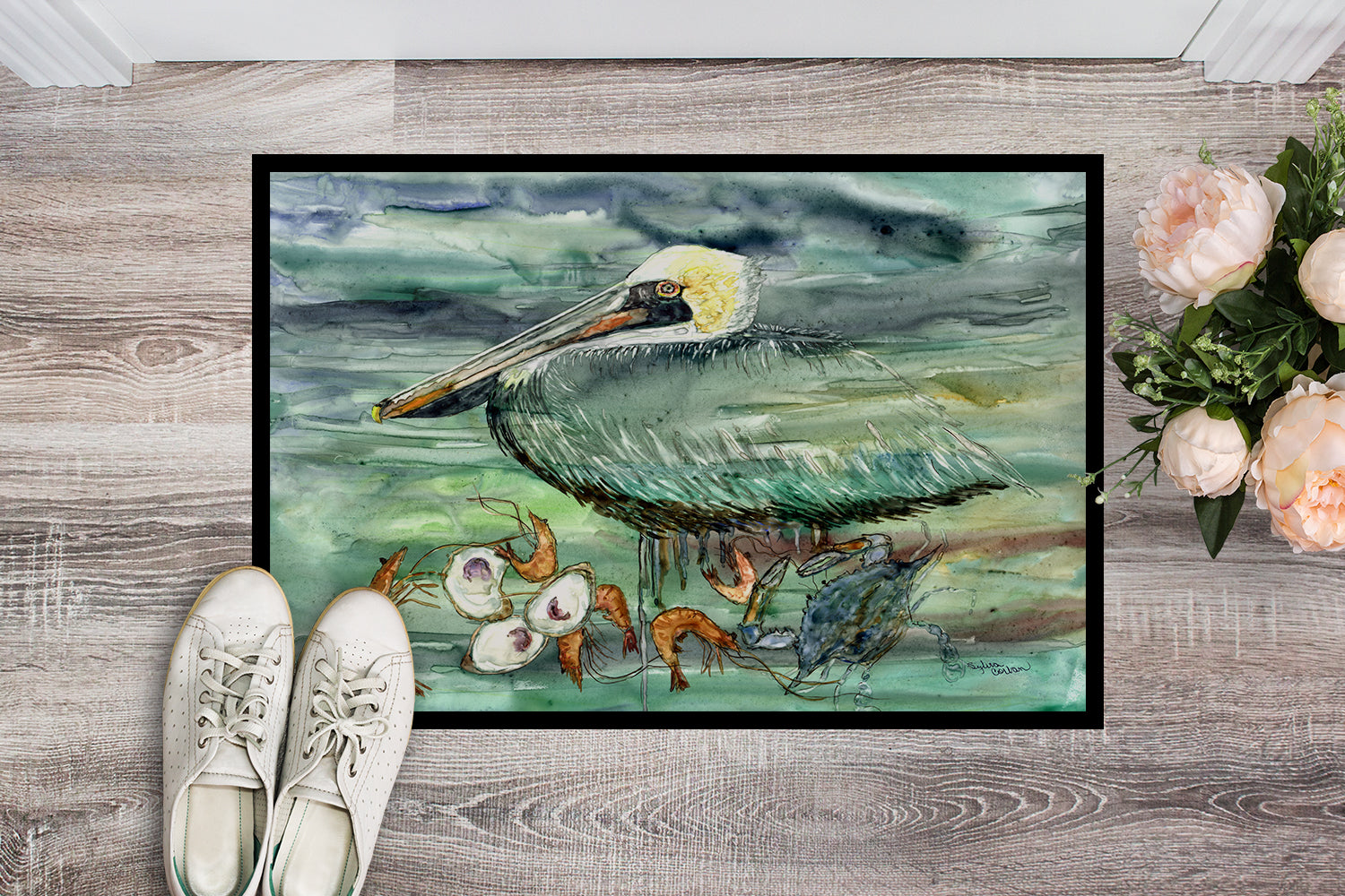 Watery Pelican, Shrimp, Crab and Oysters Doormat Indoor Outdoor 24H X 36W Front Door Mat Rugs for Entryway, Non Slip Washable Low Pile,