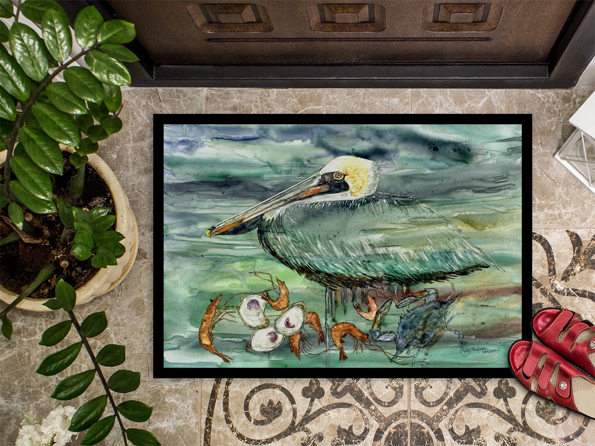 Watery Pelican, Shrimp, Crab and Oysters Doormat Indoor Outdoor 24H X 36W Front Door Mat Rugs for Entryway, Non Slip Washable Low Pile,
