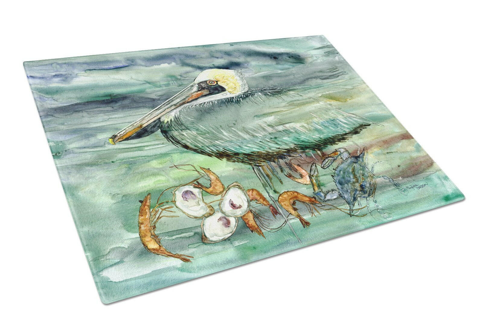Watery Pelican, Shrimp, Crab and Oysters Cutting Board Tempered Glass Kitchen Cutting Surface, Heat Resistant Chopping, Non-Slip Feet, Food Prep & Serving
