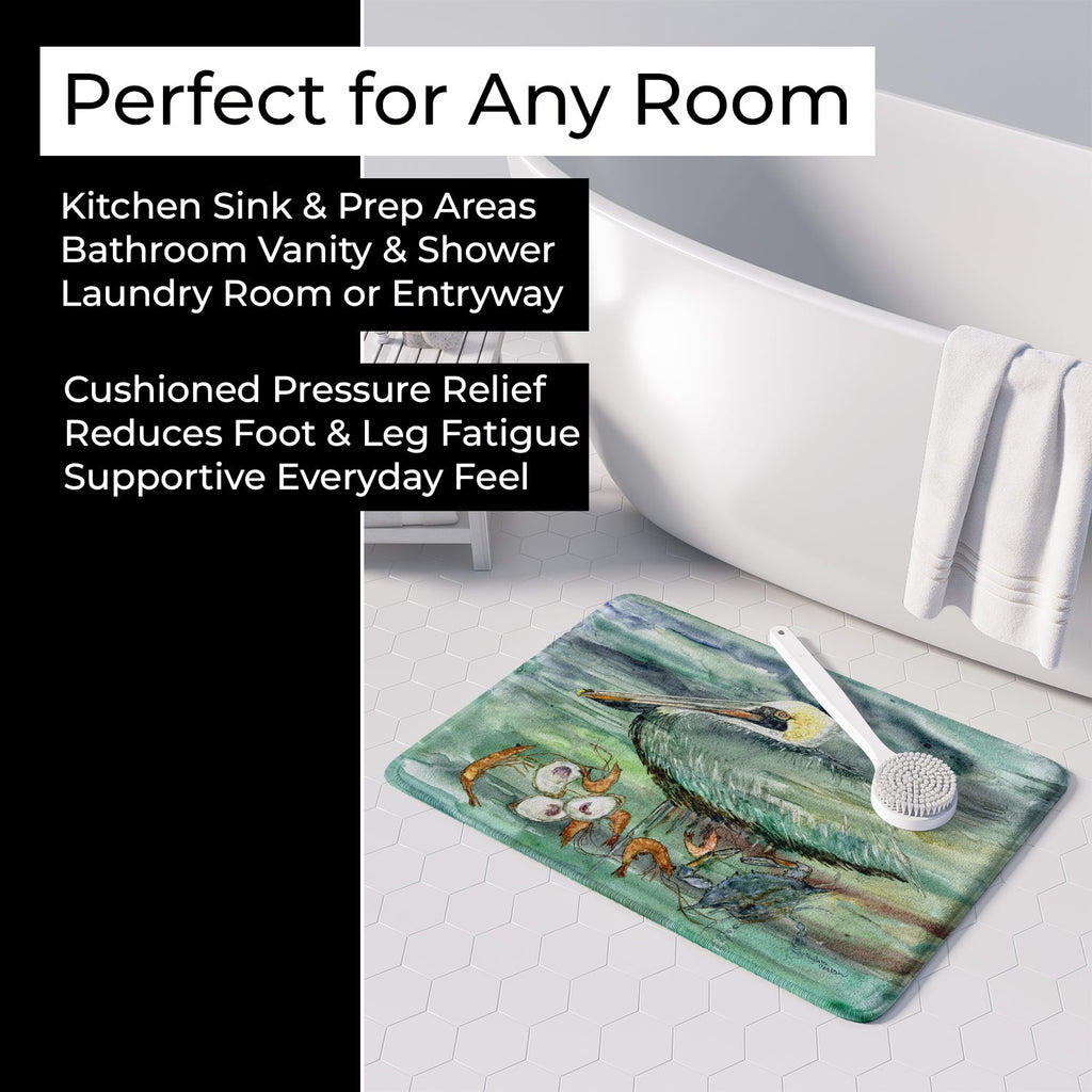 Watery Pelican, Shrimp, Crab and Oysters Memory Foam Kitchen Mat Machine Washable Anti-Fatigue Cushion Comfort Bath or Kitchen Rug