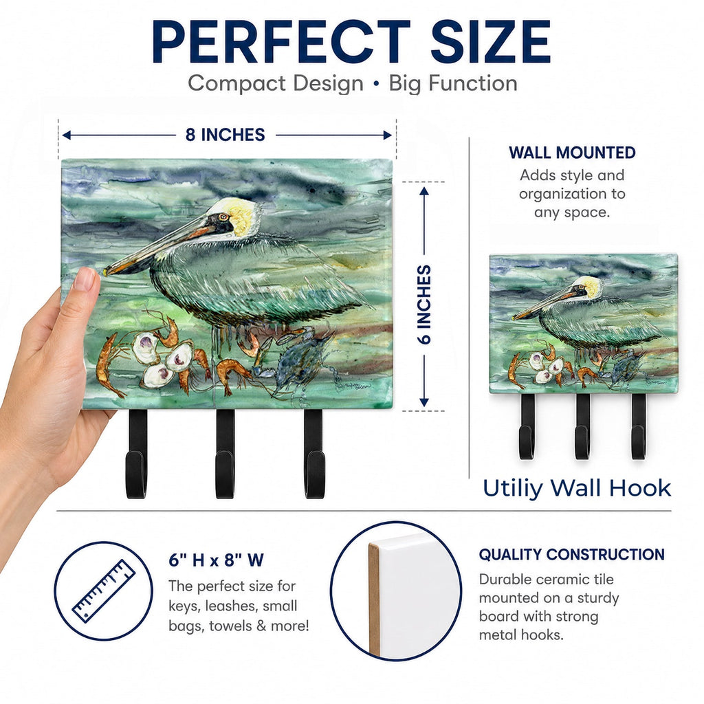 Watery Pelican, Shrimp, Crab and Oysters Leash or Key Holder Wall Hooks, Coat Rack Wall Mount, for Hanging Keys, Towels, Aprons, Leashes