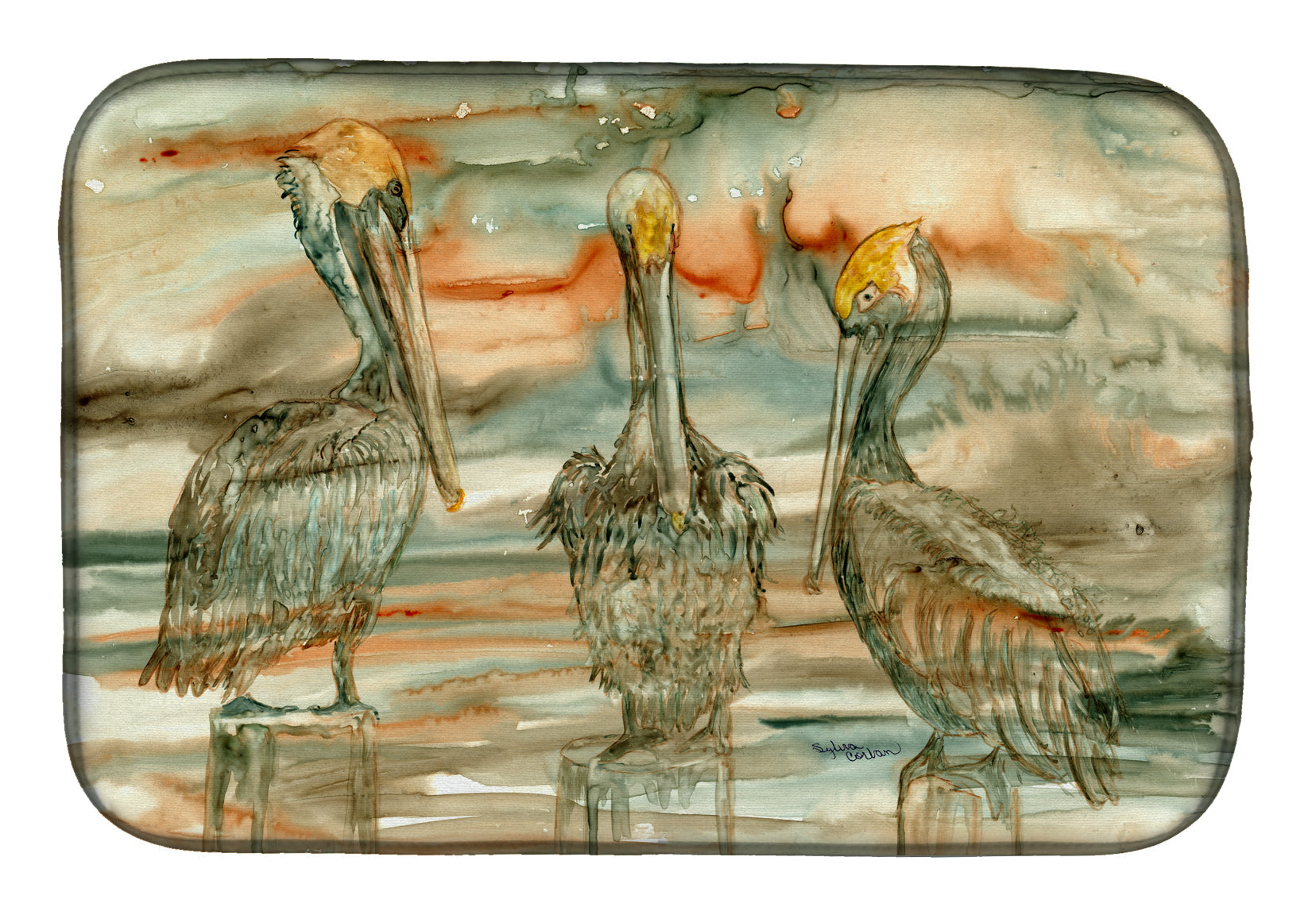 Pelicans on their perch Abstract Dish Drying Mat Absorbent Dish Drying Mat Pad for Kitchen Counter Dish Drainer Mat for Countertop, 14 x 21", Multicolor