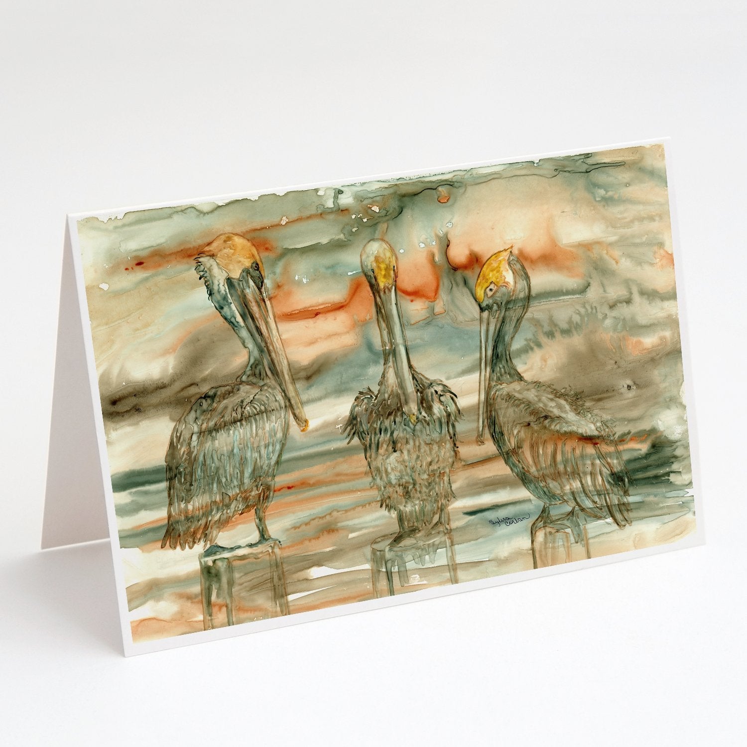 Pelicans on their perch Abstract Greeting Cards Pack of 8 Blank Cards with Envelopes Whimsical A7 Size 5x7