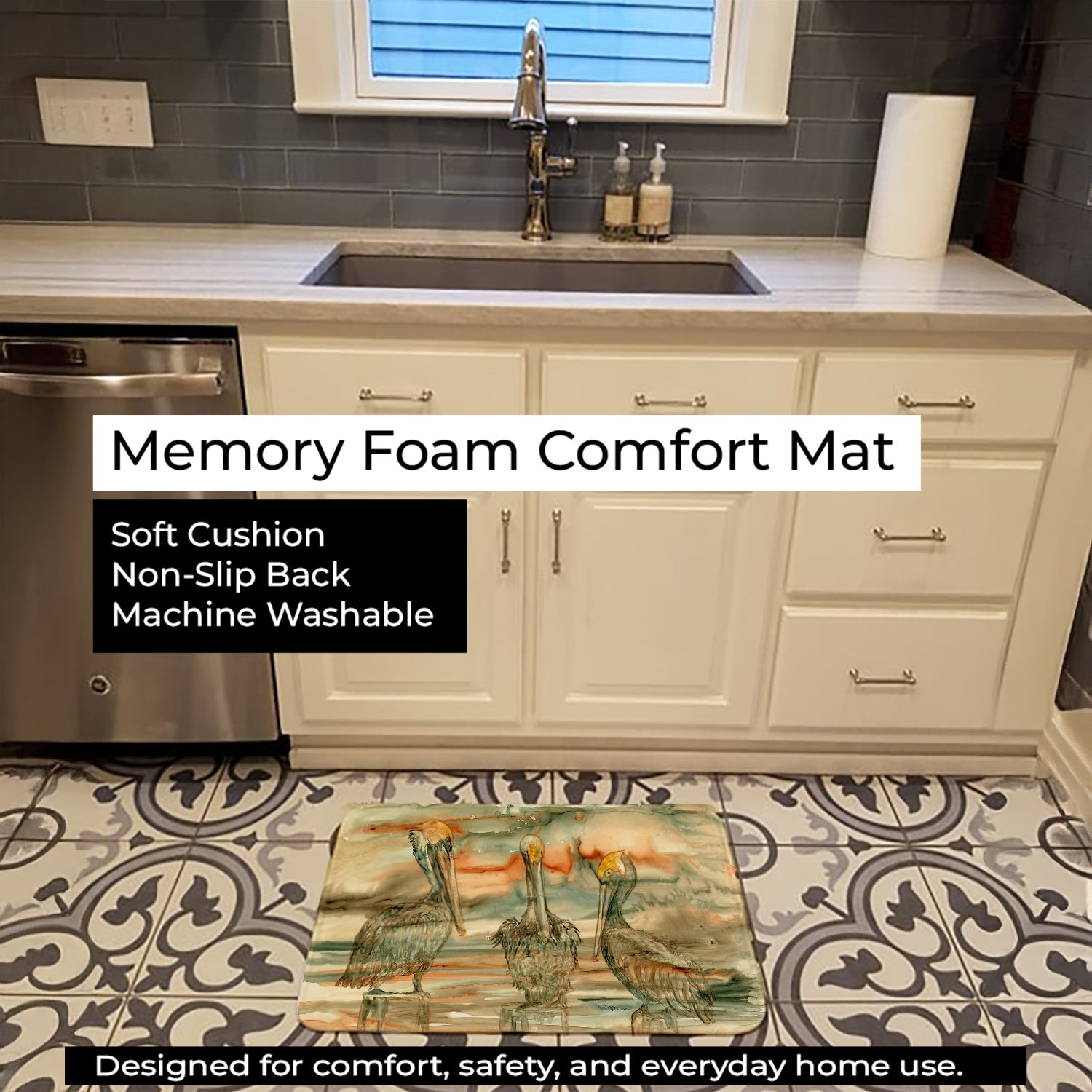Pelicans on their perch Abstract Memory Foam Kitchen Mat Machine Washable Anti-Fatigue Cushion Comfort Bath or Kitchen Rug