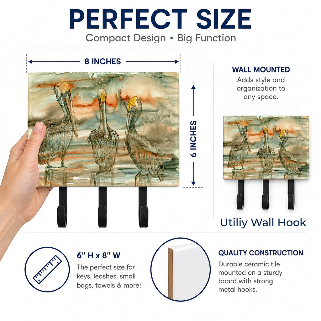 Pelicans on their perch Abstract Leash or Key Holder Wall Hooks, Coat Rack Wall Mount, for Hanging Keys, Towels, Aprons, Leashes