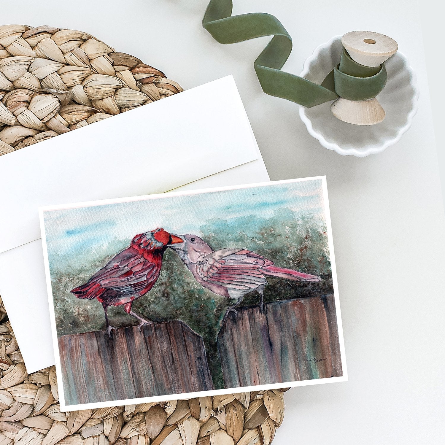 Red Bird Feeding Greeting Cards Pack of 8 Blank Cards with Envelopes Whimsical A7 Size 5x7