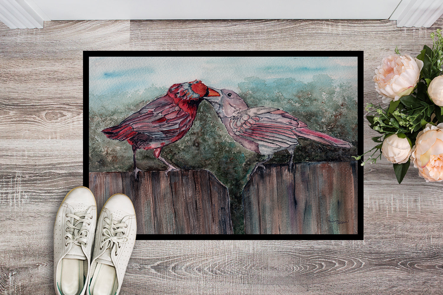 Red Bird Feeding Doormat Indoor Outdoor 24H X 36W Front Door Mat Rugs for Entryway, Non Slip Washable Low Pile,