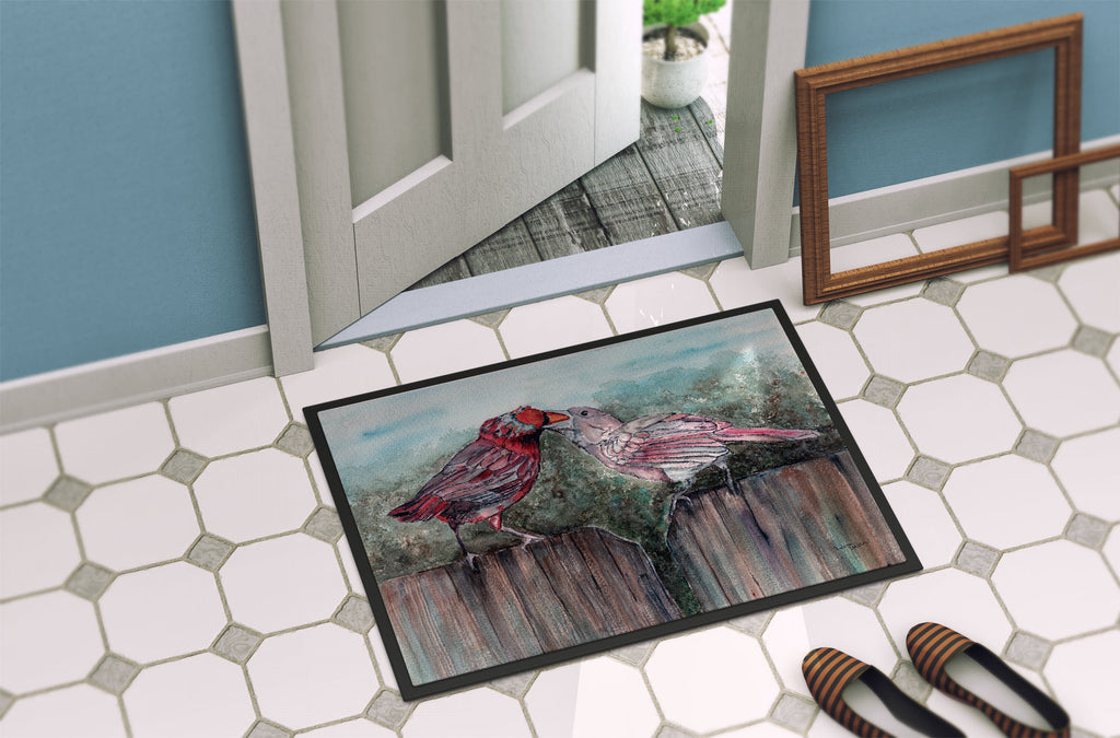 Red Bird Feeding Doormat Indoor Outdoor 24H X 36W Front Door Mat Rugs for Entryway, Non Slip Washable Low Pile,