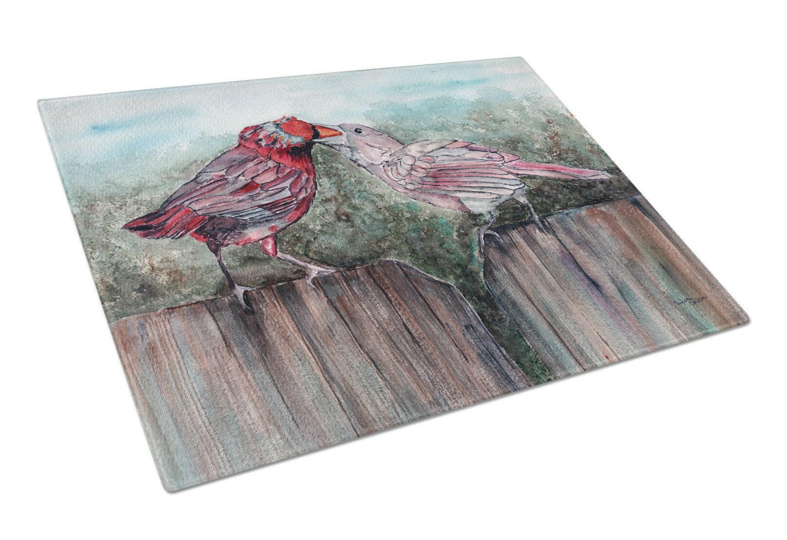 Red Bird Feeding Cutting Board Tempered Glass Kitchen Cutting Surface, Heat Resistant Chopping, Non-Slip Feet, Food Prep & Serving