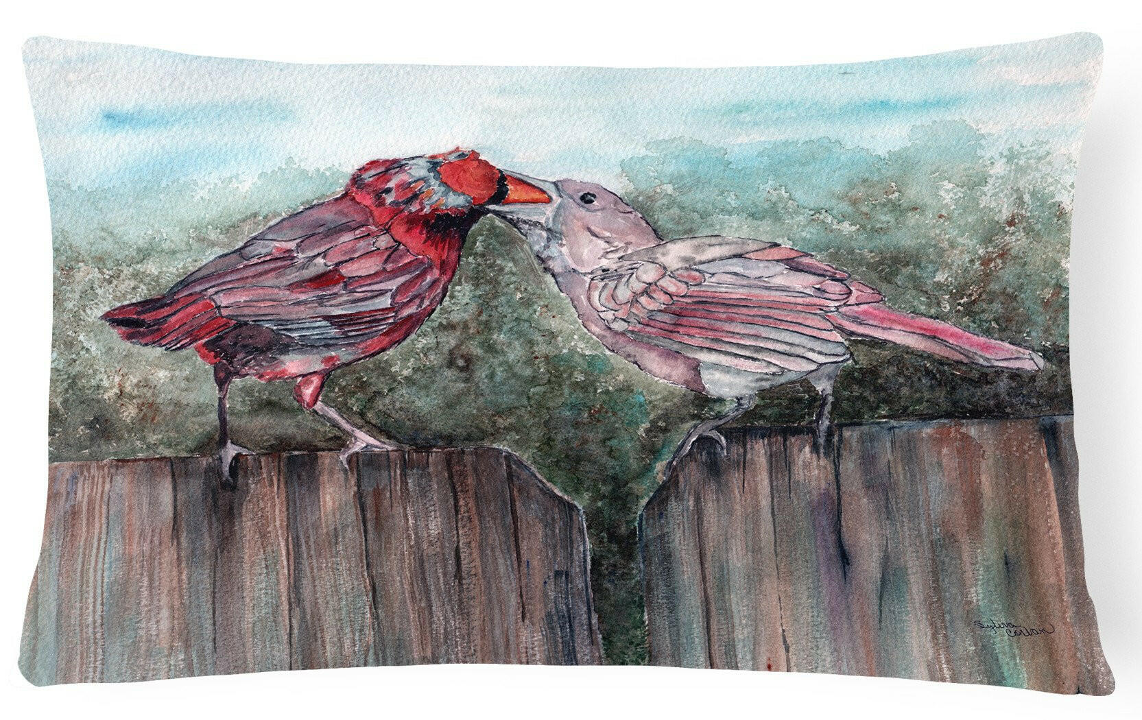 Red Bird Feeding Decorative Throw Pillow 12x16 Indoor Outdoor Accent Cushion, Fabric Cover with Insert for Sofa, Bed, Porch & Living Room