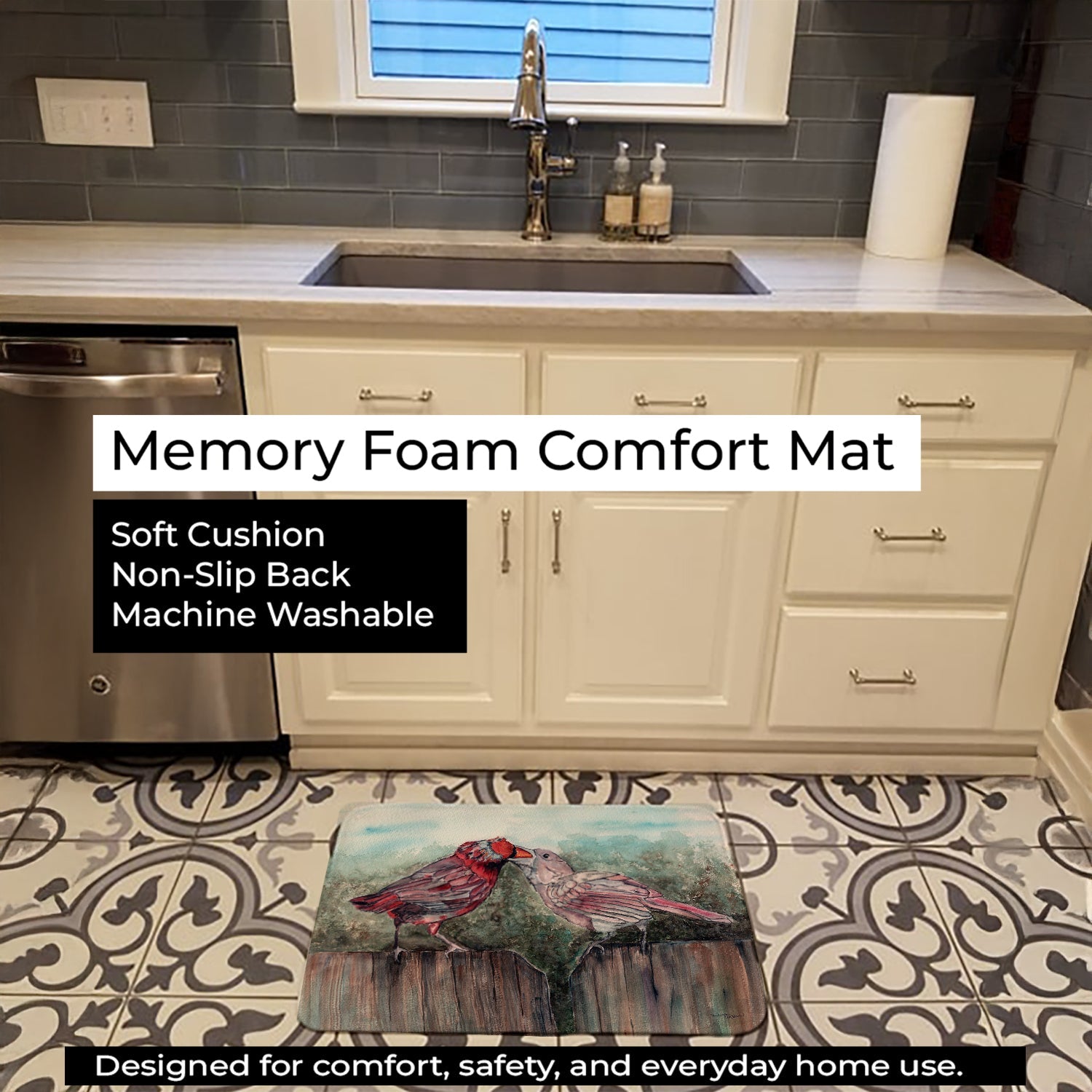 Red Bird Feeding Memory Foam Kitchen Mat Machine Washable Anti-Fatigue Cushion Comfort Bath or Kitchen Rug