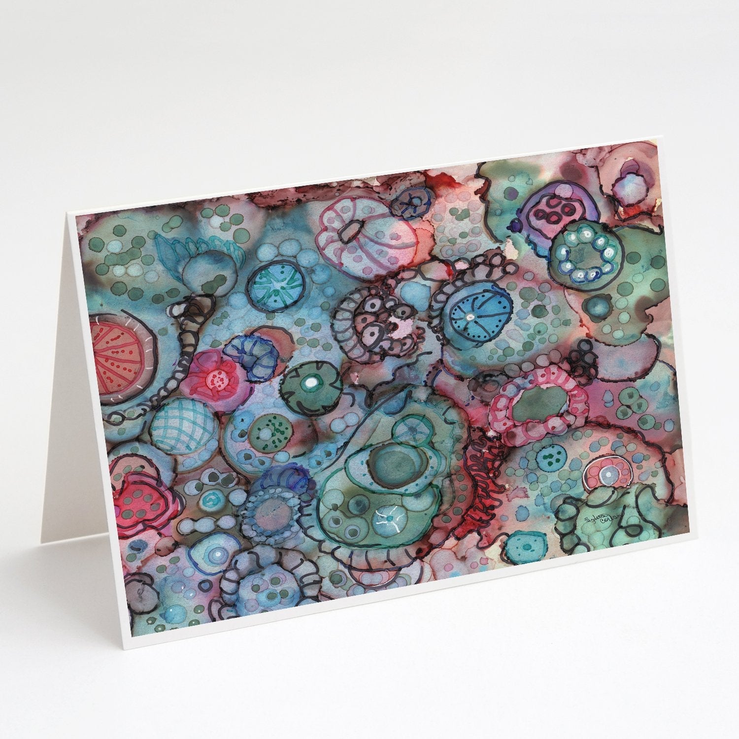Abstract in Reds and Blues Greeting Cards Pack of 8 Blank Cards with Envelopes Whimsical A7 Size 5x7