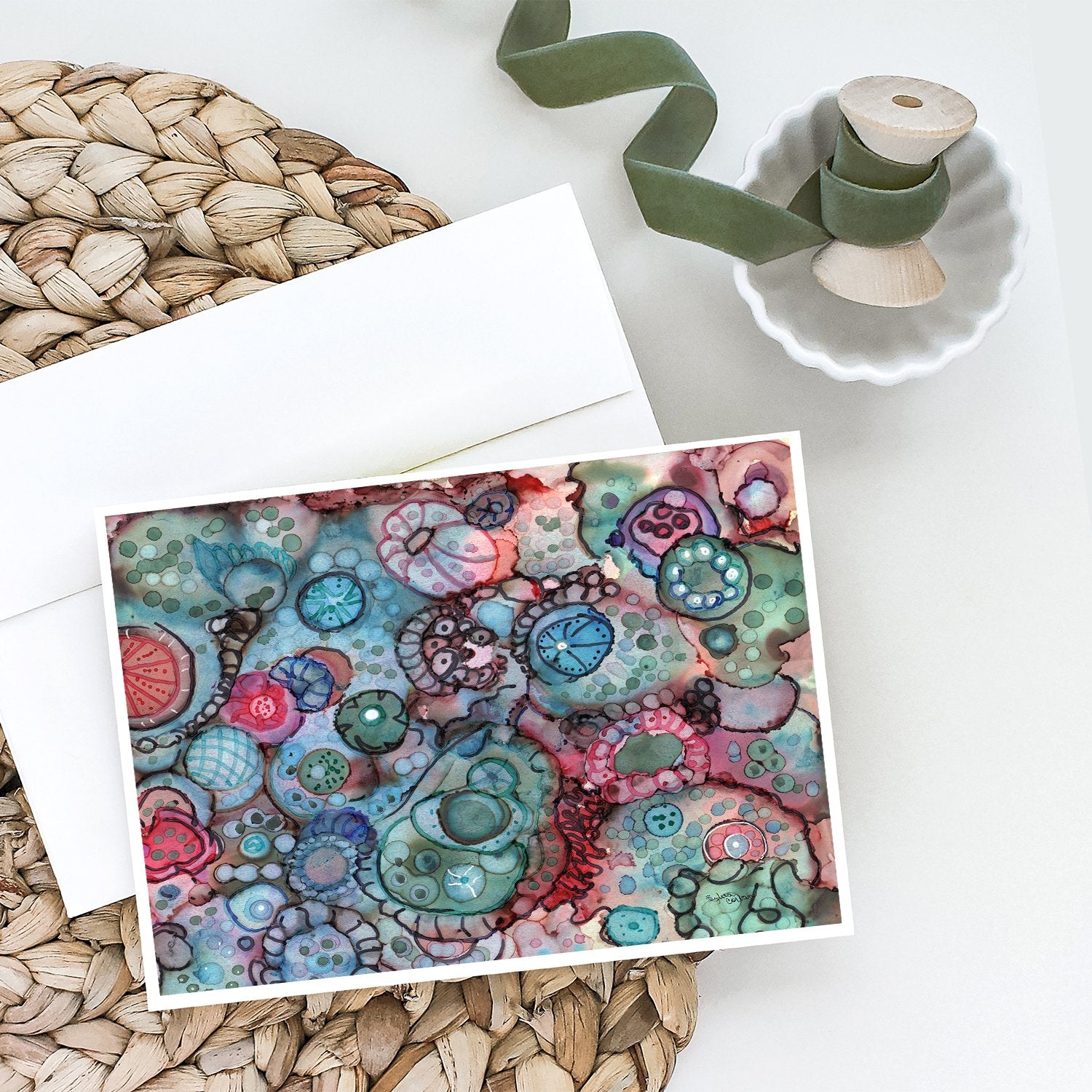 Abstract in Reds and Blues Greeting Cards Pack of 8 Blank Cards with Envelopes Whimsical A7 Size 5x7