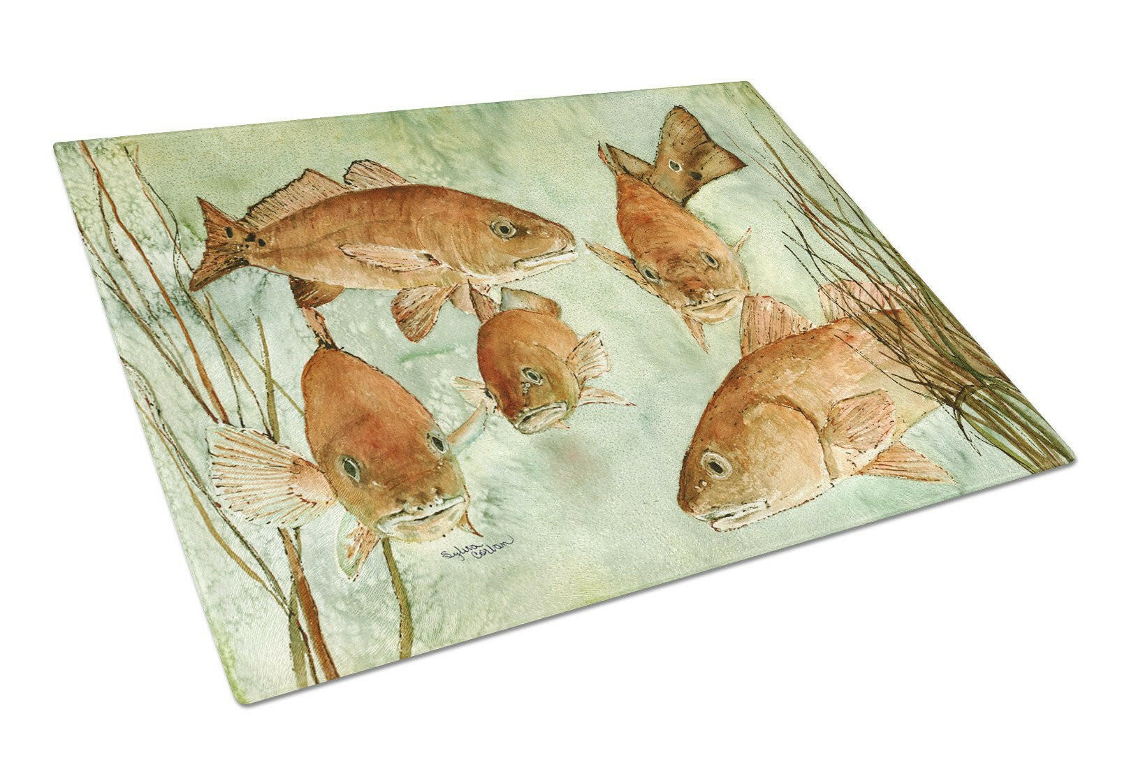 Red Fish Swim Cutting Board Tempered Glass Kitchen Cutting Surface, Heat Resistant Chopping, Non-Slip Feet, Food Prep & Serving