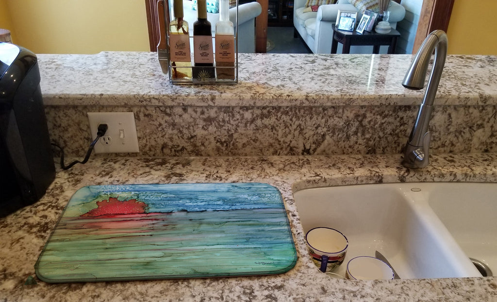 Abstract Sunset on the Water Dish Drying Mat Absorbent Dish Drying Mat Pad for Kitchen Counter Dish Drainer Mat for Countertop, 14 x 21", Multicolor