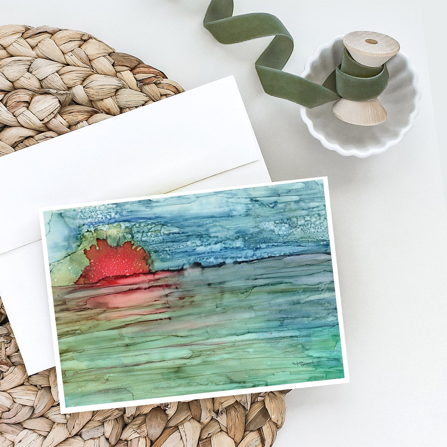 Abstract Sunset on the Water Greeting Cards Pack of 8 Blank Cards with Envelopes Whimsical A7 Size 5x7
