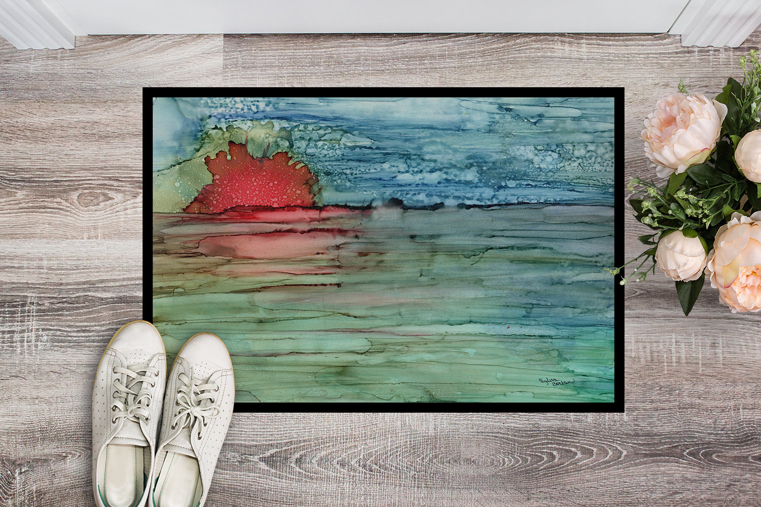 Abstract Sunset on the Water Doormat Indoor Outdoor 24H X 36W Front Door Mat Rugs for Entryway, Non Slip Washable Low Pile,
