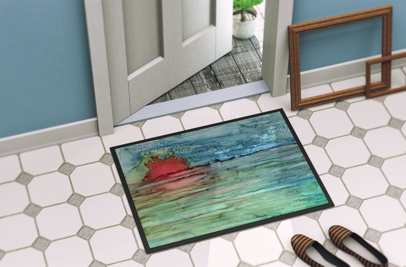 Abstract Sunset on the Water Doormat Indoor Outdoor 24H X 36W Front Door Mat Rugs for Entryway, Non Slip Washable Low Pile,