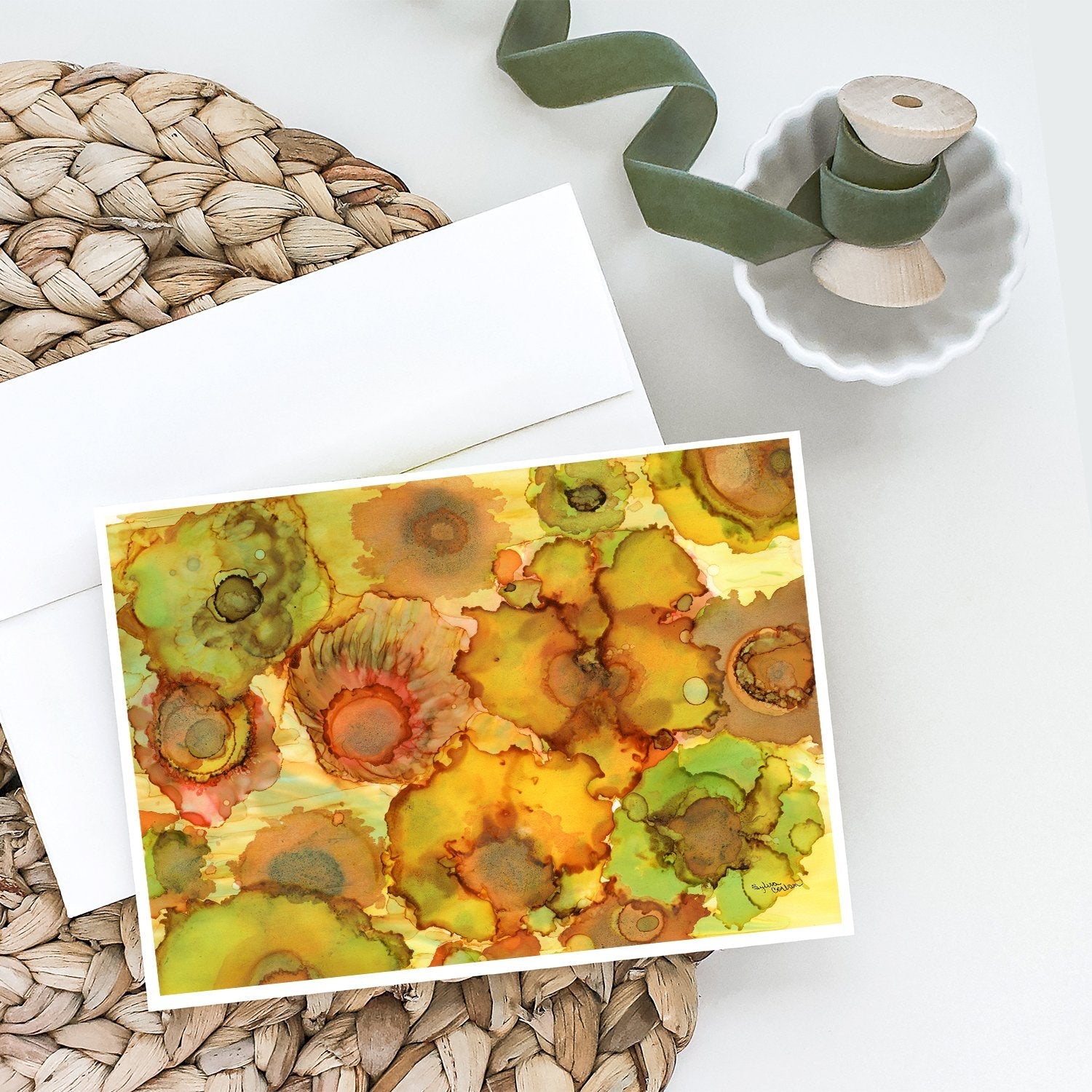 Abstract Flowers in Yellows and Oranges Greeting Cards Pack of 8 Blank Cards with Envelopes Whimsical A7 Size 5x7