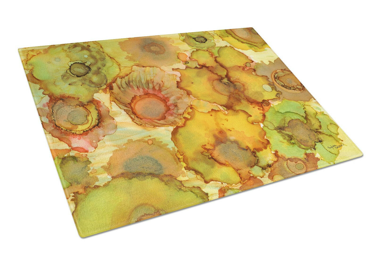 Abstract Flowers in Yellows and Oranges Cutting Board Tempered Glass Kitchen Cutting Surface, Heat Resistant Chopping, Non-Slip Feet, Food Prep & Serving
