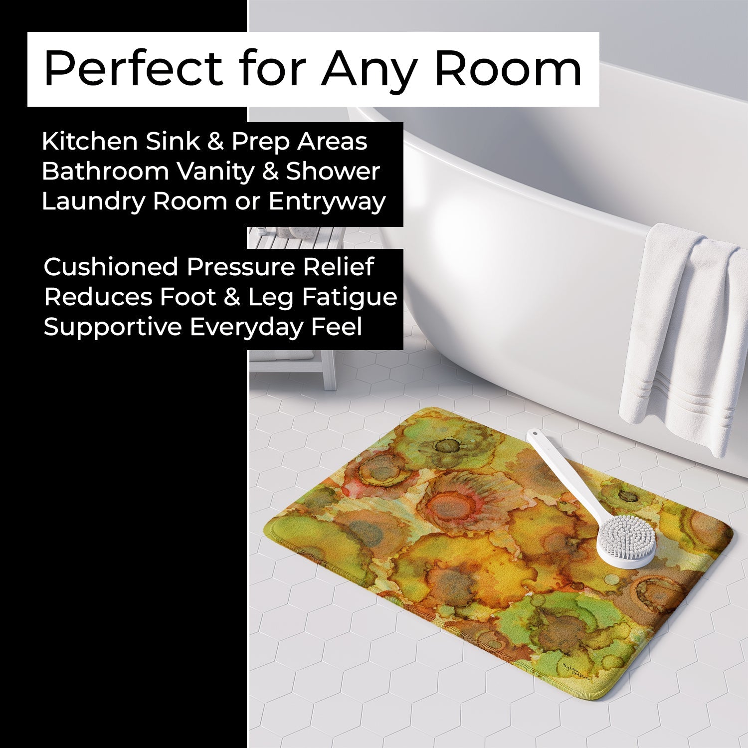 Abstract Flowers in Yellows and Oranges Memory Foam Kitchen Mat Machine Washable Anti-Fatigue Cushion Comfort Bath or Kitchen Rug