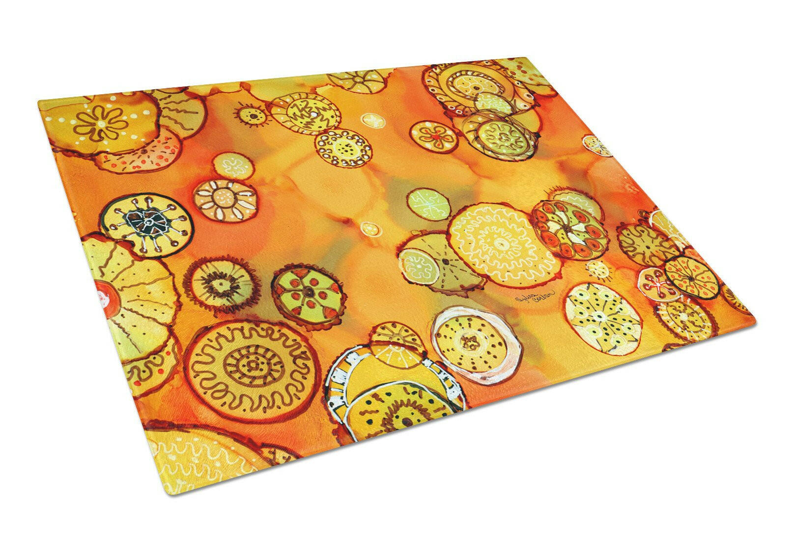 Abstract Flowers in Oranges and Yellows Cutting Board Tempered Glass Kitchen Cutting Surface, Heat Resistant Chopping, Non-Slip Feet, Food Prep & Serving