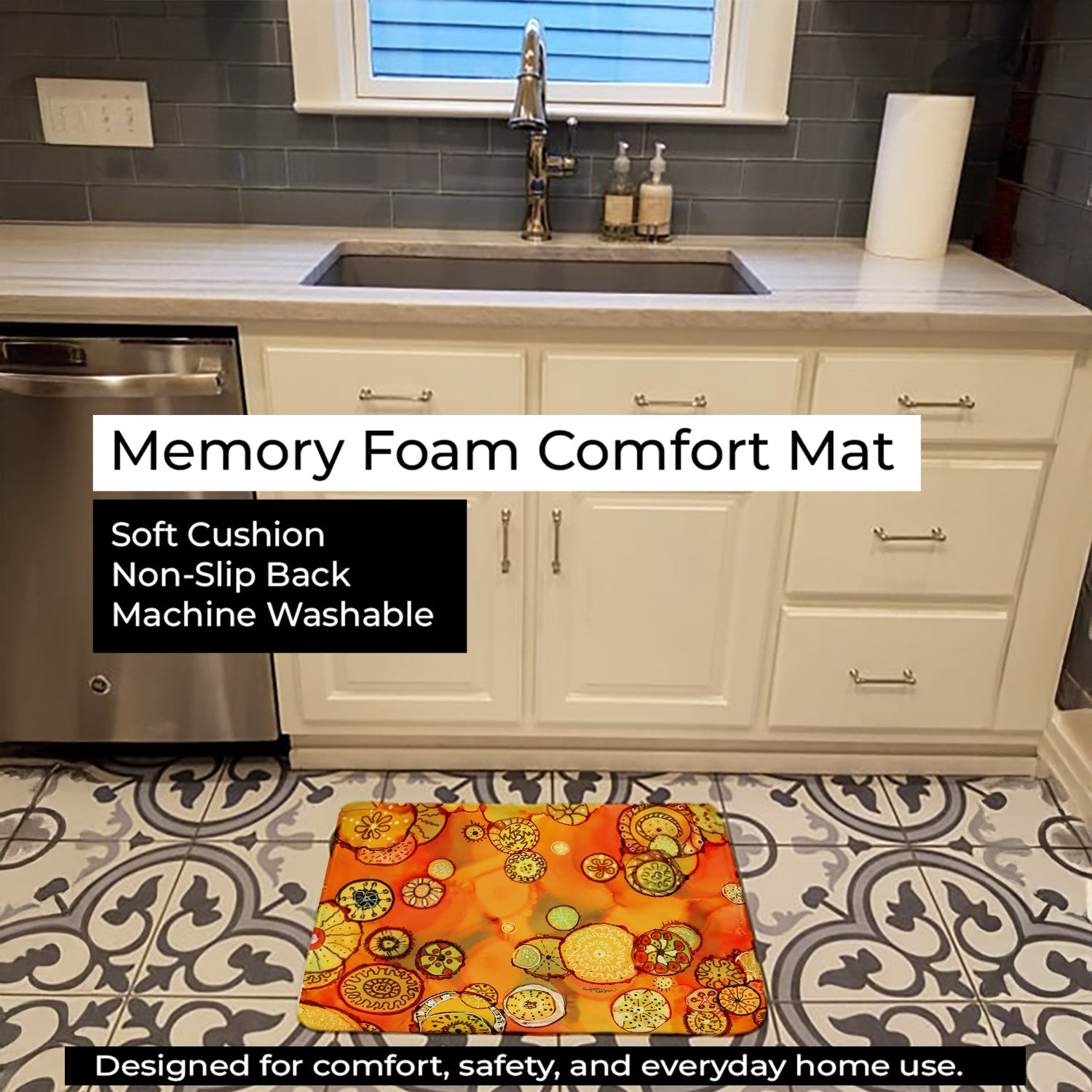 Abstract Flowers in Oranges and Yellows Memory Foam Kitchen Mat Machine Washable Anti-Fatigue Cushion Comfort Bath or Kitchen Rug