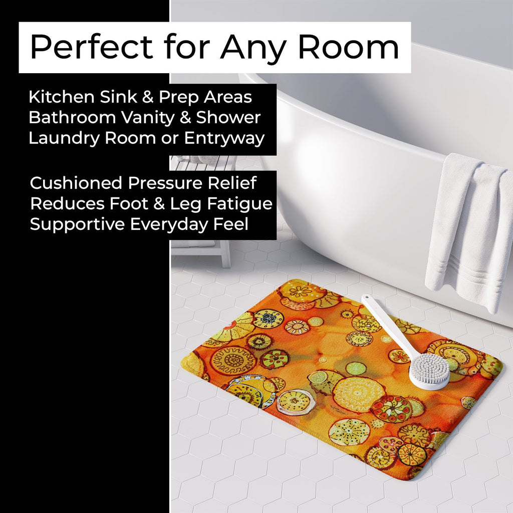 Abstract Flowers in Oranges and Yellows Memory Foam Kitchen Mat Machine Washable Anti-Fatigue Cushion Comfort Bath or Kitchen Rug