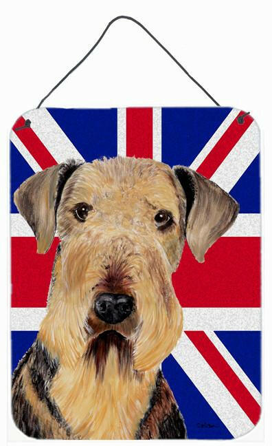 Airedale with English Union Jack British Flag Wall or Door Hanging Prints Aluminum Metal Sign Kitchen Wall Bar Bathroom Plaque Home Decor Front Door Plaque, 12x16, Multicolor