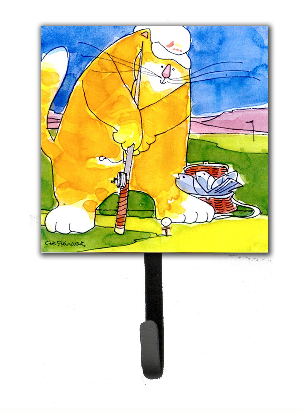 Big Cat golfing with a fishing pole  Leash or Key Holder Wall Hooks, Key Hooks Holder, Coat Rack Wall Mount, Coat Hooks, Hooks for Hanging Keys, Towels, Aprons, Leashes