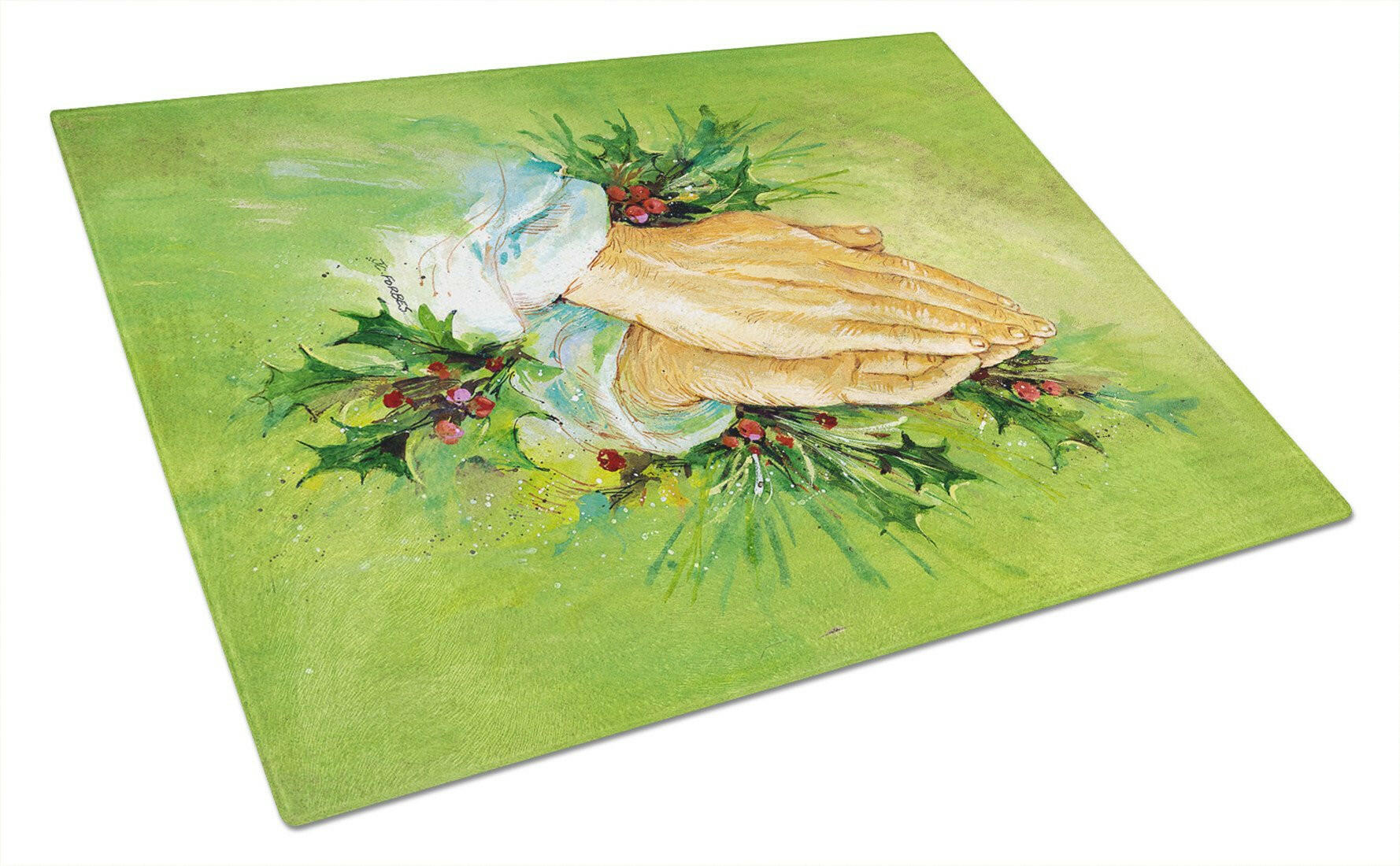 Praying Hangs with Holly Leaves Cutting Board Tempered Glass Kitchen Cutting Surface, Heat Resistant Chopping, Non-Slip Feet, Food Prep & Serving