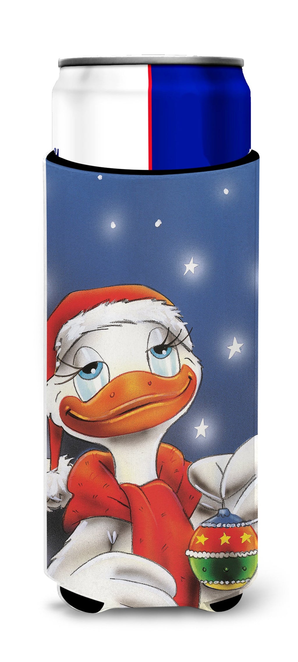 Duck with Christmas Ornament Slim Can Hugger , Insulated Foam Hugger for 12 oz Slim Cans, Beer Bottles & Water Bottles, Printed in USA