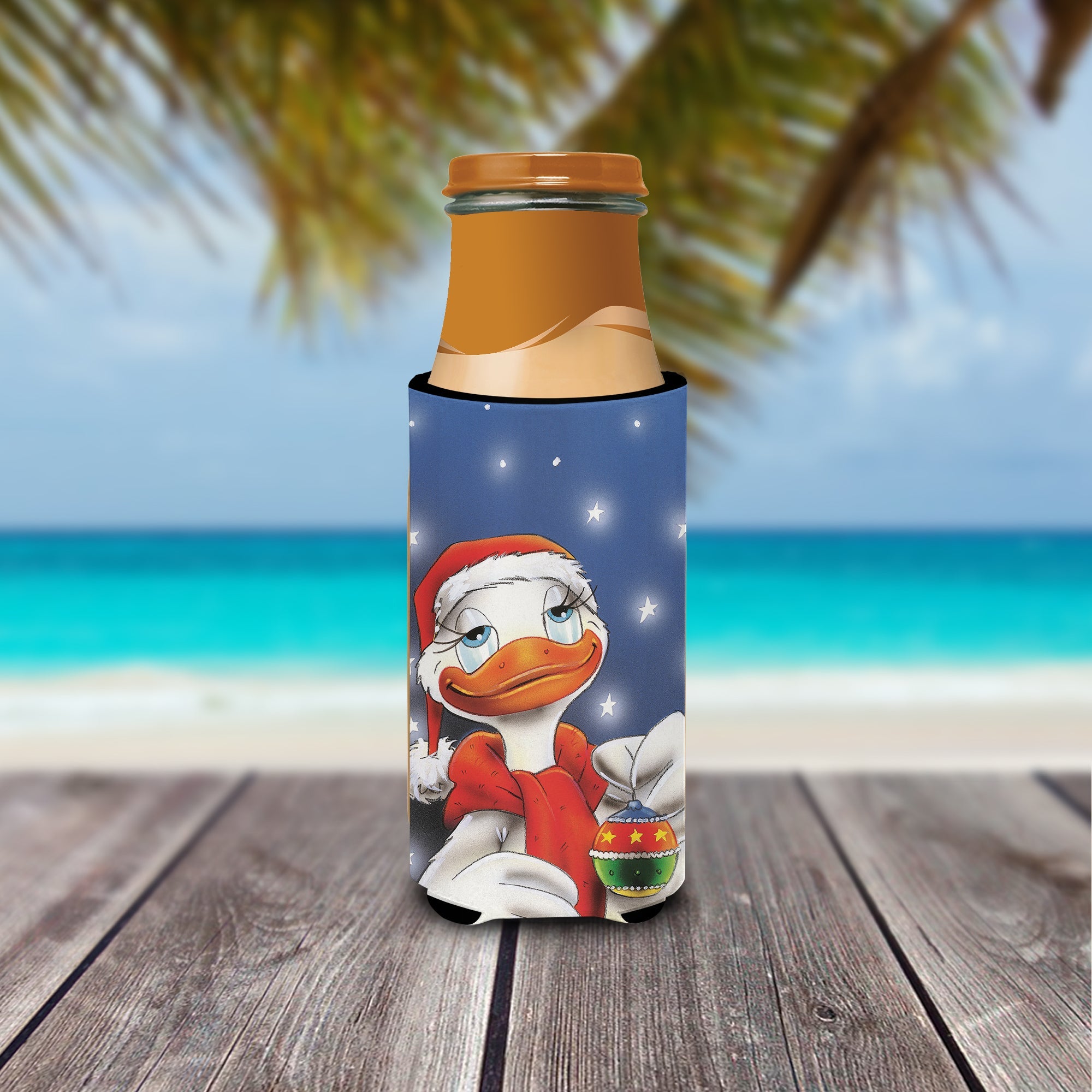 Duck with Christmas Ornament Slim Can Hugger , Insulated Foam Hugger for 12 oz Slim Cans, Beer Bottles & Water Bottles, Printed in USA