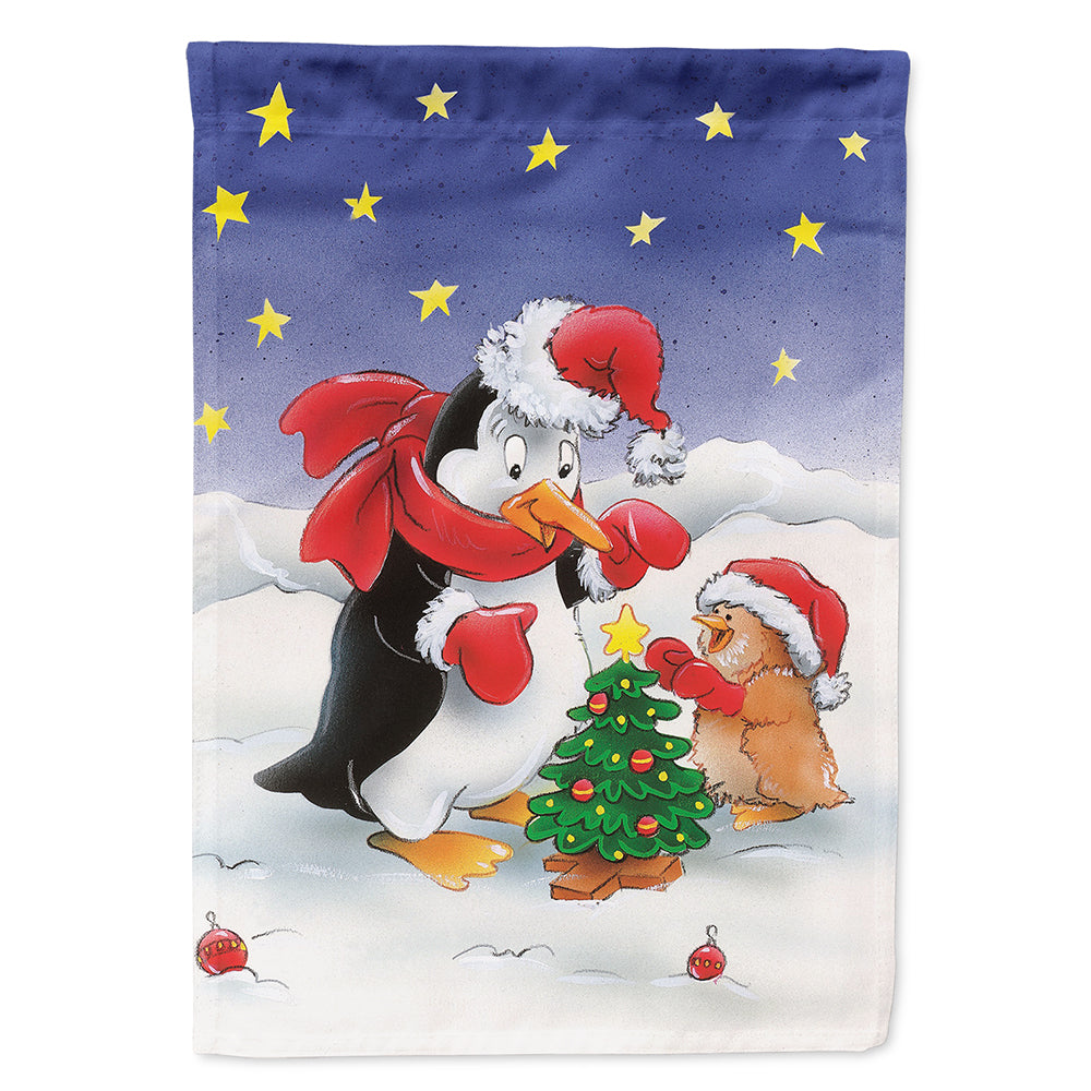 Penguin and Robin with Christmas Tree House Flag 28x40 Porch Sleeve Pole Decorative Outside Yard Banner Artwork Wall Hanging, Polyester