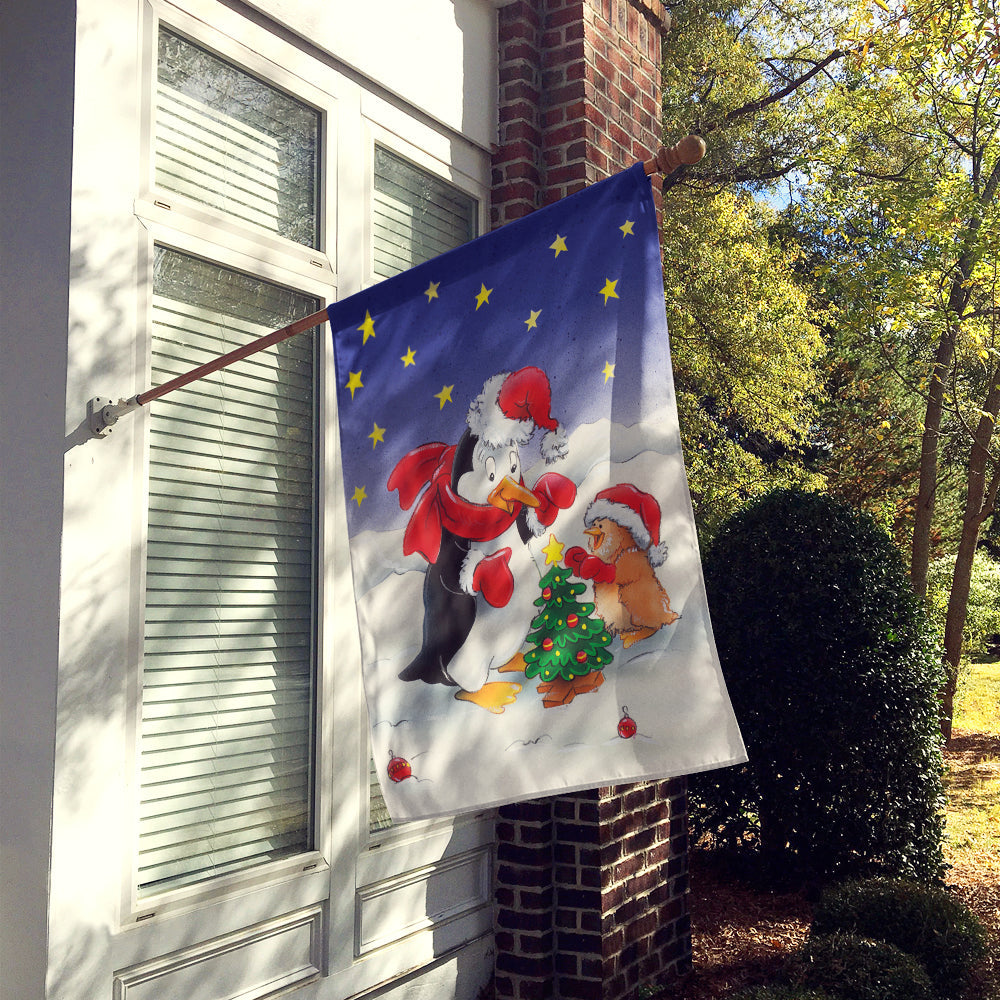 Penguin and Robin with Christmas Tree House Flag 28x40 Porch Sleeve Pole Decorative Outside Yard Banner Artwork Wall Hanging, Polyester