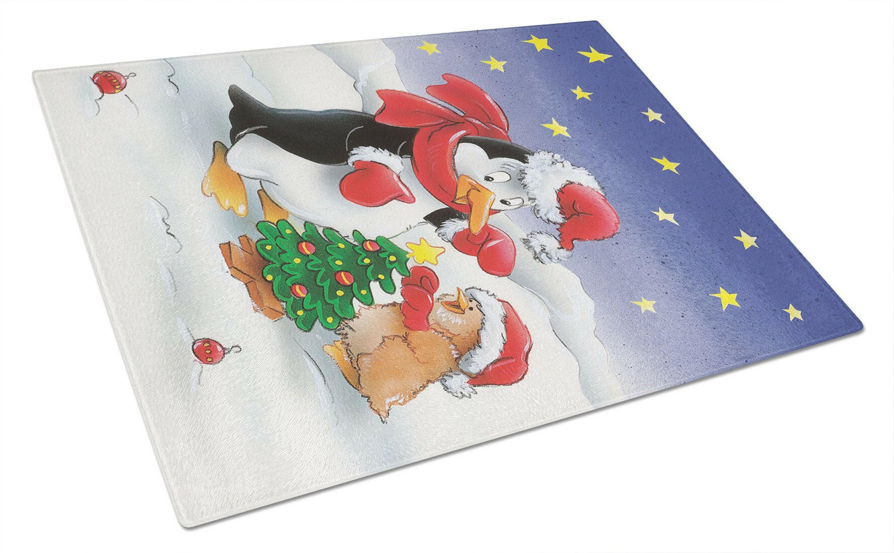 Penguin and Robin with Christmas Tree Cutting Board Tempered Glass Kitchen Cutting Surface, Heat Resistant Chopping, Non-Slip Feet, Food Prep & Serving
