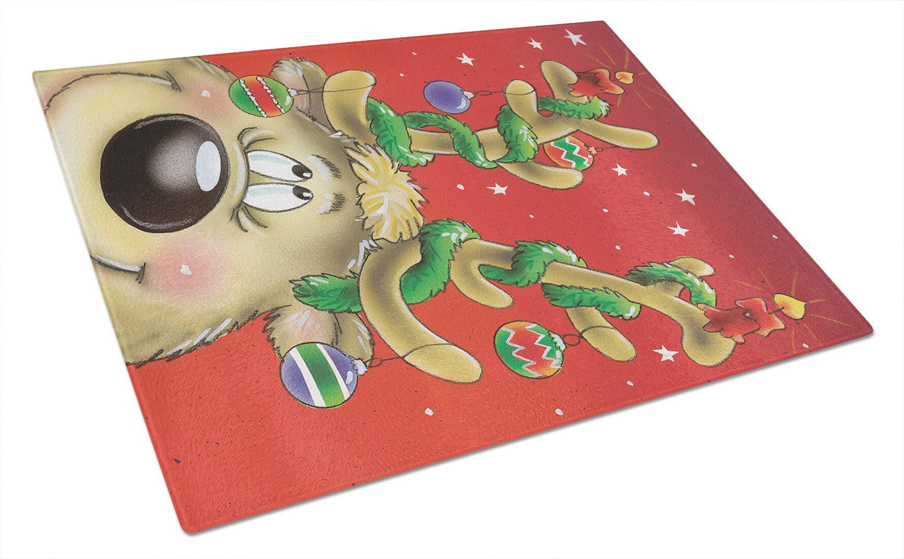 Comic Reindeer with Decorated Antlers Cutting Board Tempered Glass Kitchen Cutting Surface, Heat Resistant Chopping, Non-Slip Feet, Food Prep & Serving
