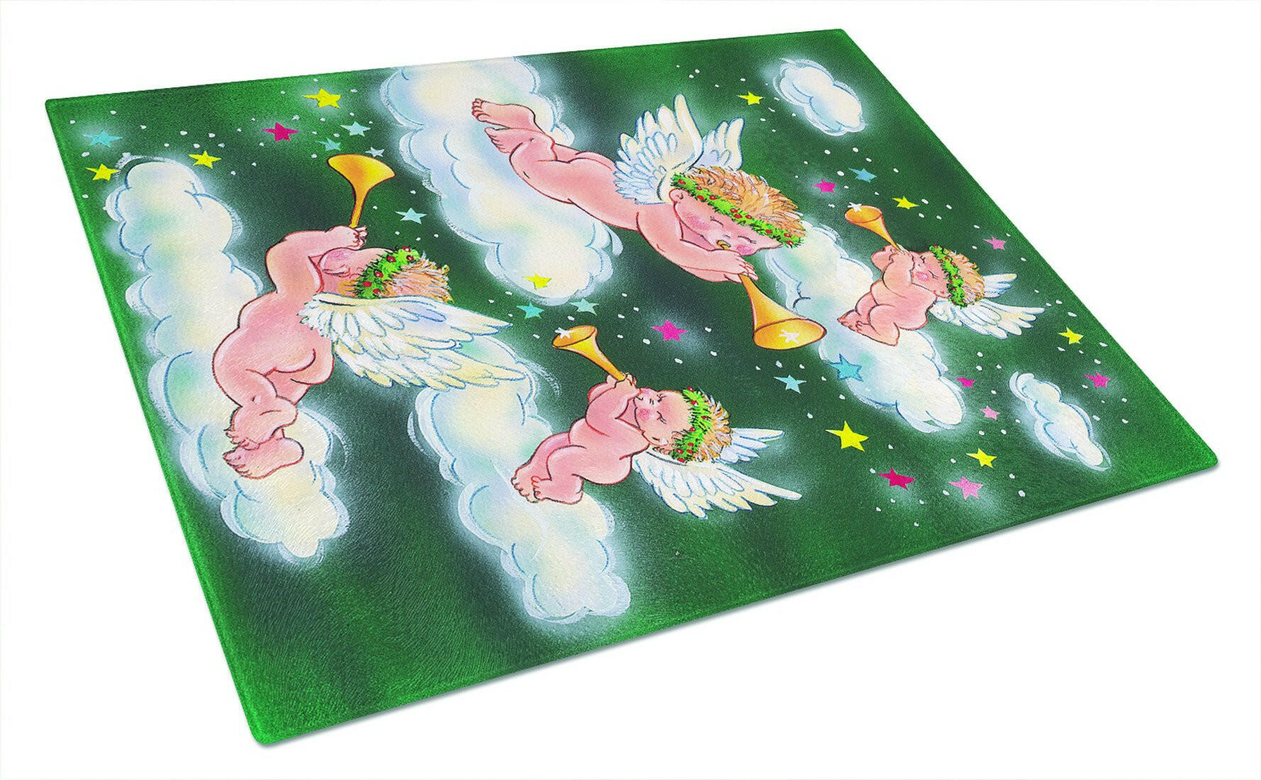 Angels on Green Cutting Board Tempered Glass Kitchen Cutting Surface, Heat Resistant Chopping, Non-Slip Feet, Food Prep & Serving