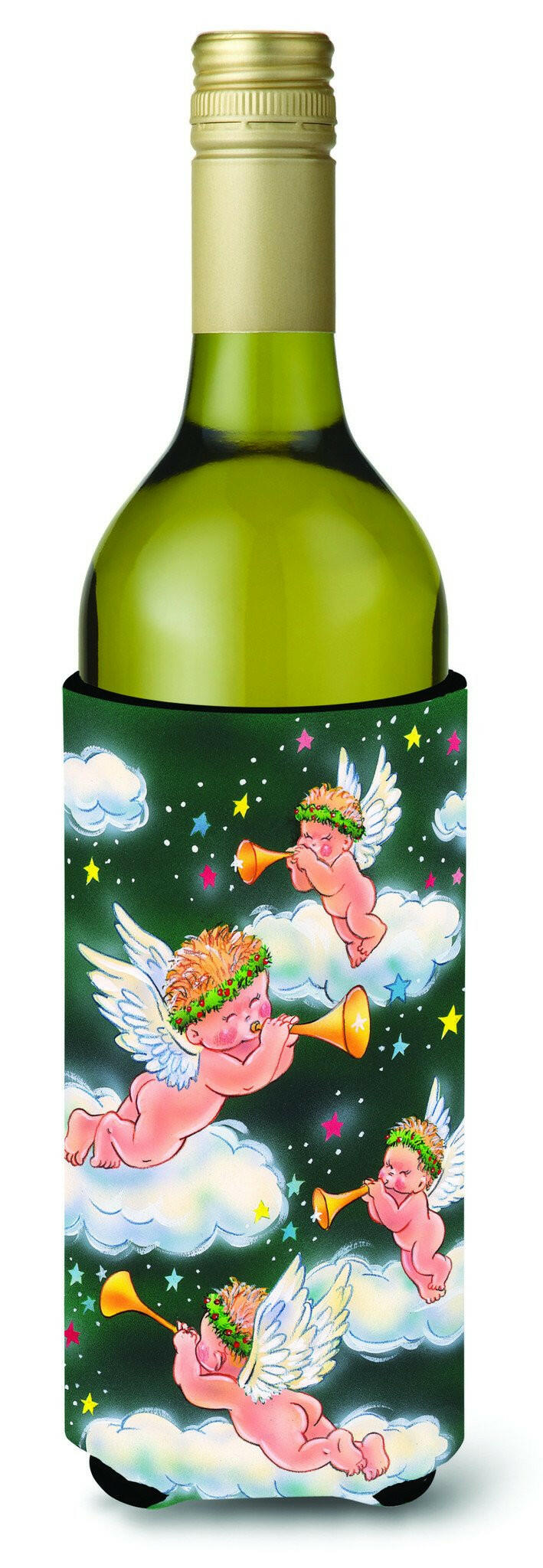 Angels on Green Wine Bottle Hugger Gift Sleeve for Standard 750 ml Bottles, Insulated Reusable Also Fits Mini Shot & Pint Bottles