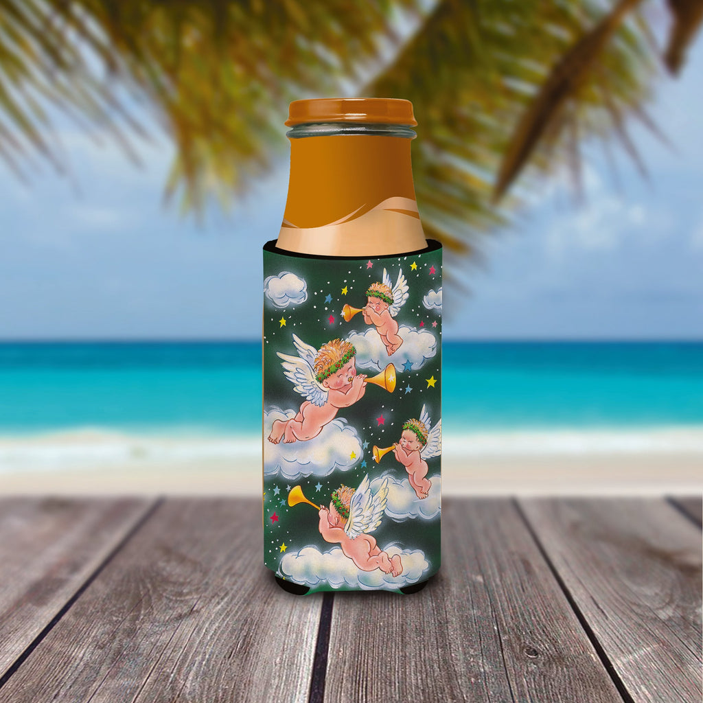 Angels on Green Slim Can Hugger , Insulated Foam Hugger for 12 oz Slim Cans, Beer Bottles & Water Bottles, Printed in USA